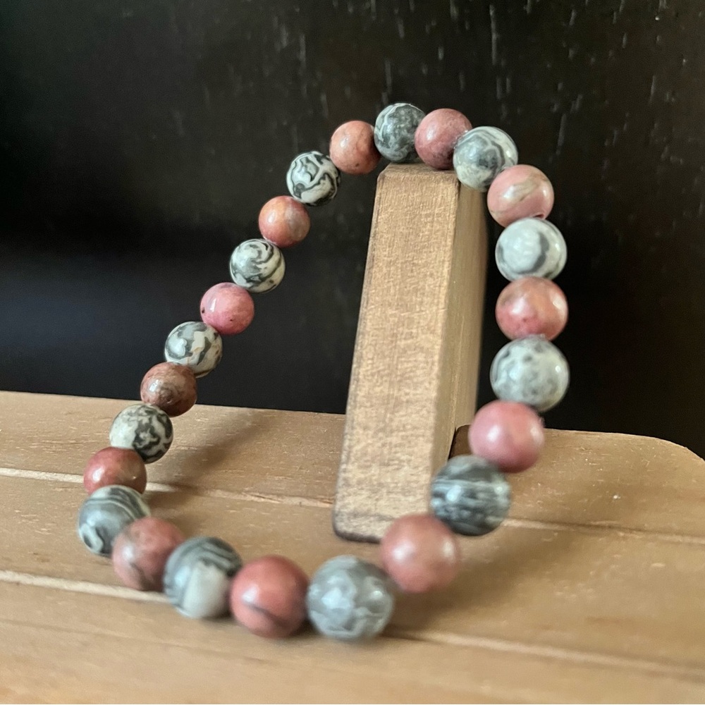 Rhodonite & Map Jasper Natural Stone Crystal 8mm Round Beaded Stretch Bracelet